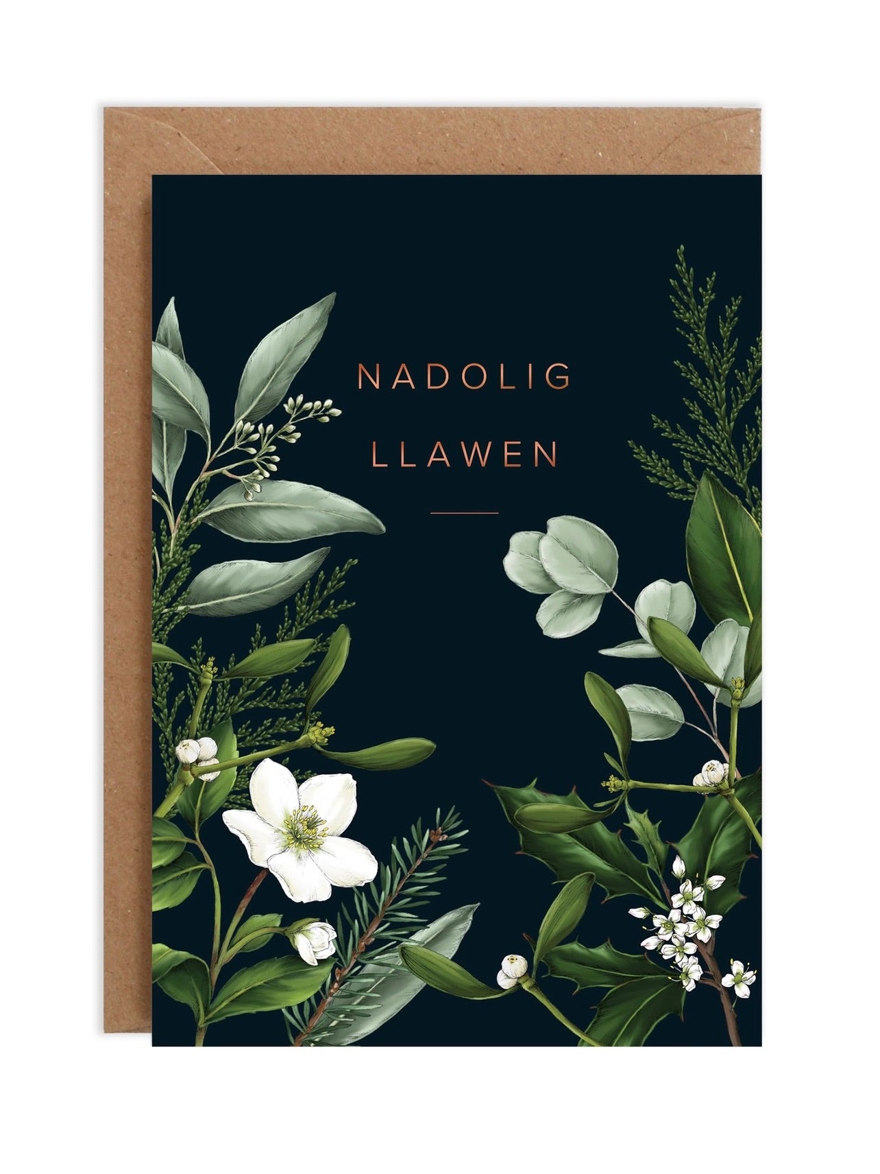 Nadolig Llawen - Black Greenery Christmas Card