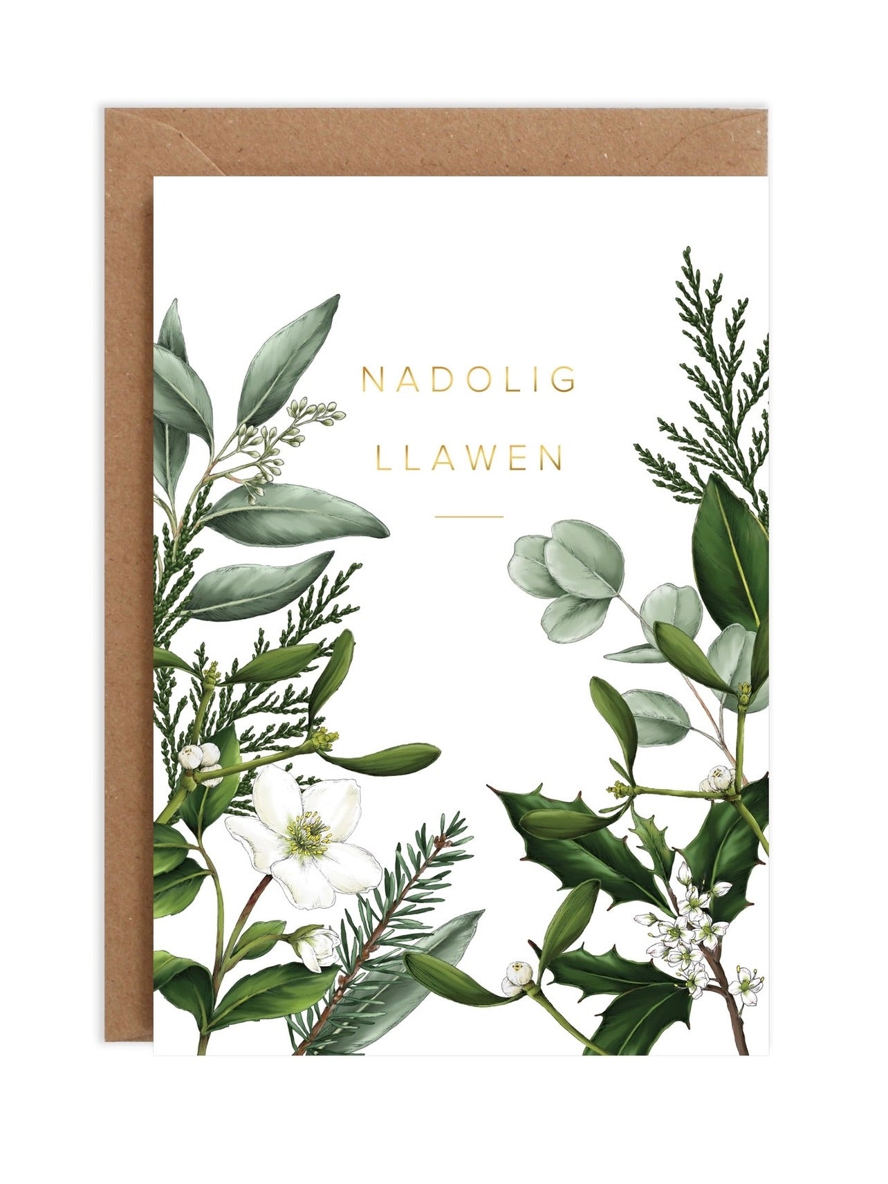 Nadolig Llawen - White Greenery Christmas Card